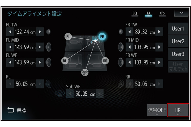 「タイムアライメント」の設定画面の一例（三菱電機・ダイヤトーンサウンドナビ）。