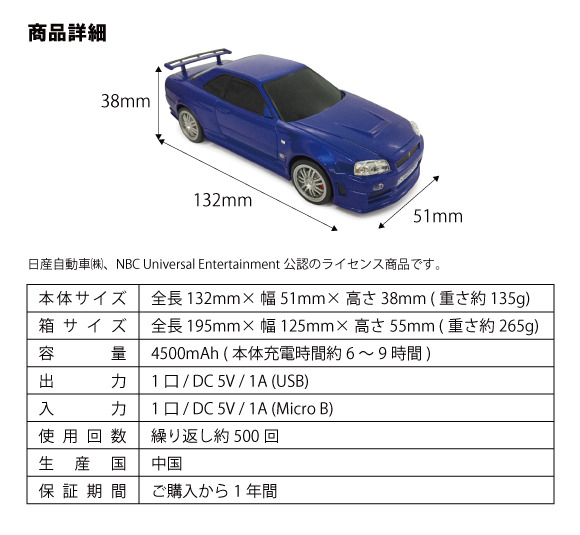 車型モバイルバッテリー 日産スカイライン GT-R（BNR34） ワイルド・スピードMAX（ブルー） ブライアン仕様