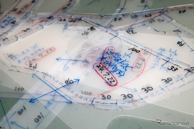製品化を行うにあたり、表皮の型紙作りが行われている