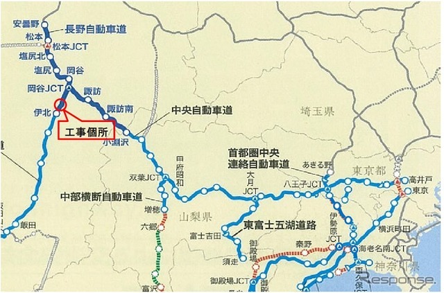 今回中央自動車道で工事を実施するエリア